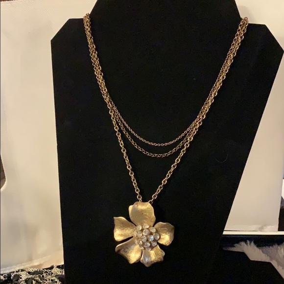 Vintage Gold Tone Multi Strand Necklace w/ Flower - Picture 1 of 7